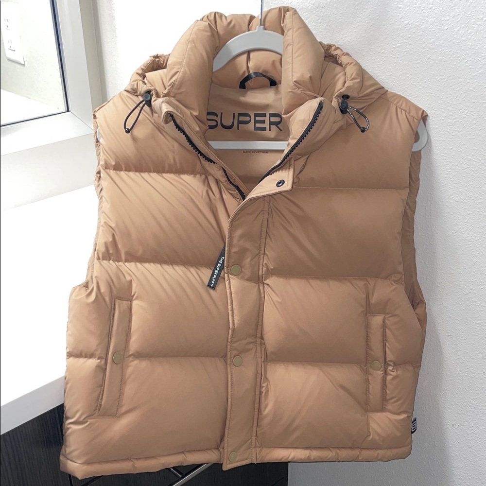 Tan Puffer Vest with Hood